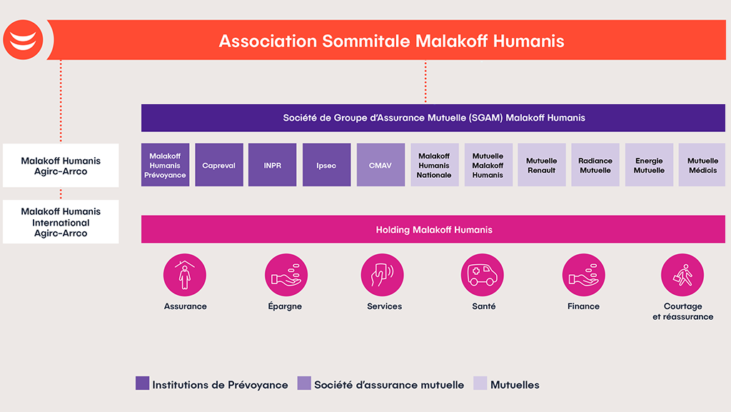 Schéma simplifié de l'organisation Malakoff Humanis expliquée ci-dessus