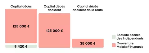 Capital décès toutes causes : 125000€ versés par Malakoff Humanis. Compte tenu des circonstances du décès de Martin et selon les garanties souscrites, Malakoff Humanis complétera avec : Capital décès accidentel : 125000€. Capital décès accident de la route : 35000€. Le régime obligatoire (Sécurité sociale des indépendants) prévoit de son côté un capital décès de seulement 9420€. 